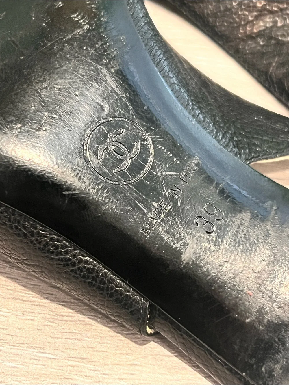 CHANEL Black Open Toe Slingback Pearl Heel